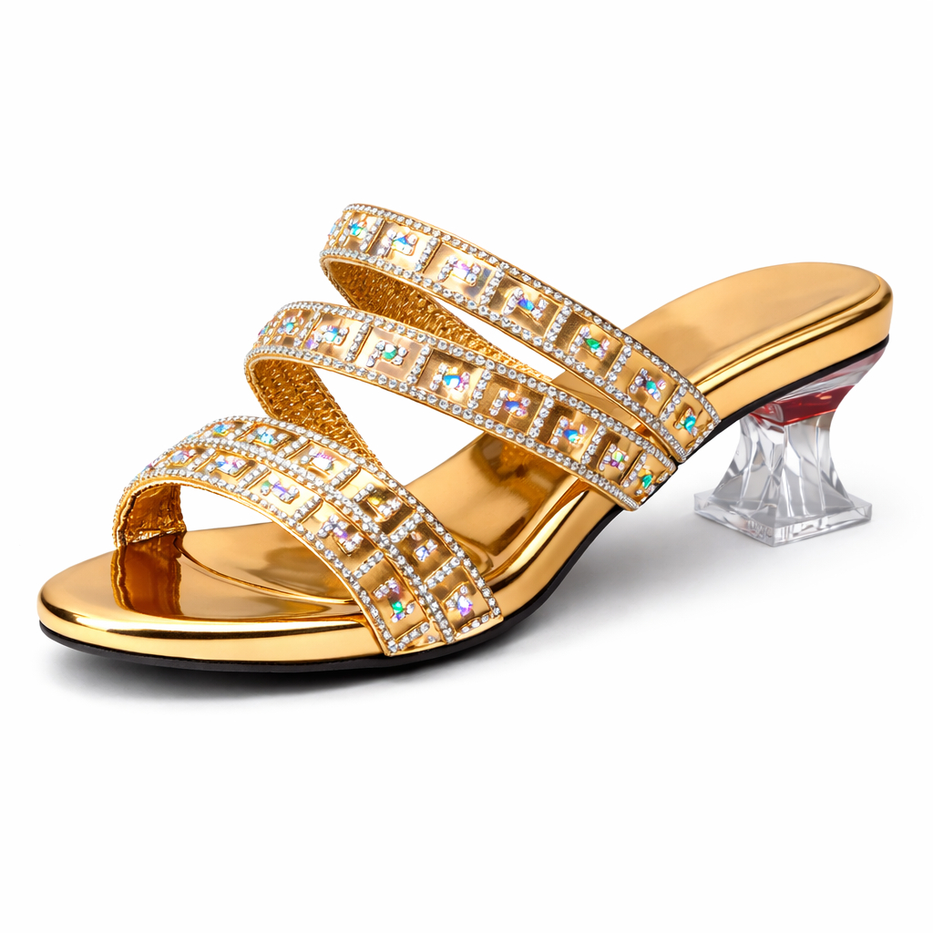 Gold Embellished Heeled Sandals with Decorative Strap Design